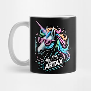 Neon unicorn artwork, futuristic mood, black style, wearing sunglasses, My little artax Mug